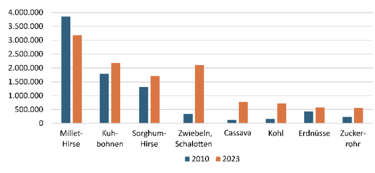 Balkendiagramm: Produktion 2010 (blau) vs 2023 (orange) für Millet-Hirse, Kuhbohnen, Sorghum-Hirse, Zwiebeln, Cassava, Kohl, Erdnüsse, Zuckerrohr.